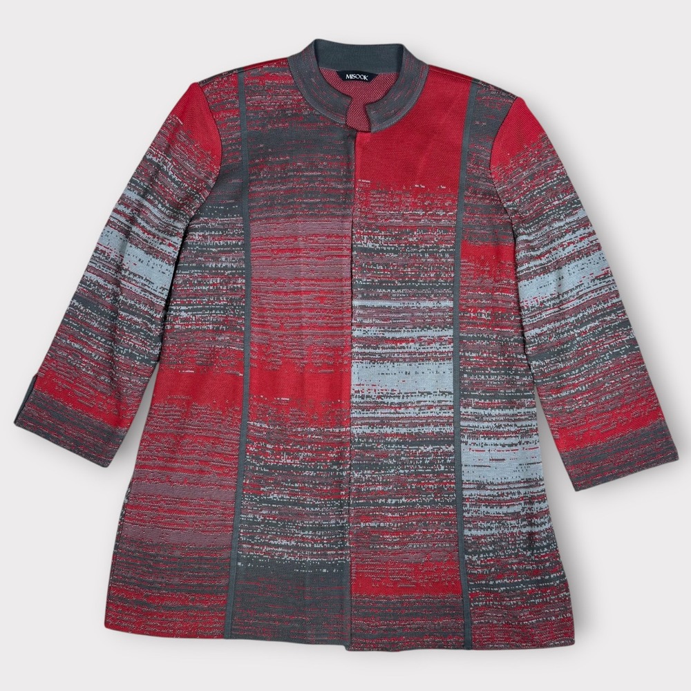 MISOOK Heritage Jacquard Multi Pattern Knit Jacket Red Black Grey Women's Large